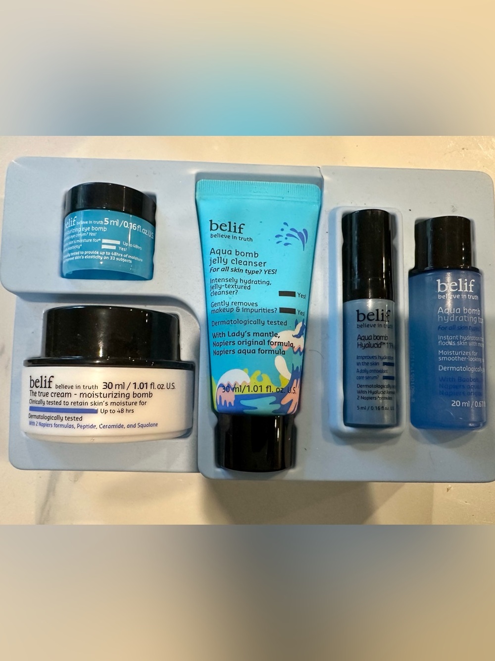 NEW Belif 5-Piece Aqua Bomb Hydrating Skincare Set Cleanser Cream Toner Serum